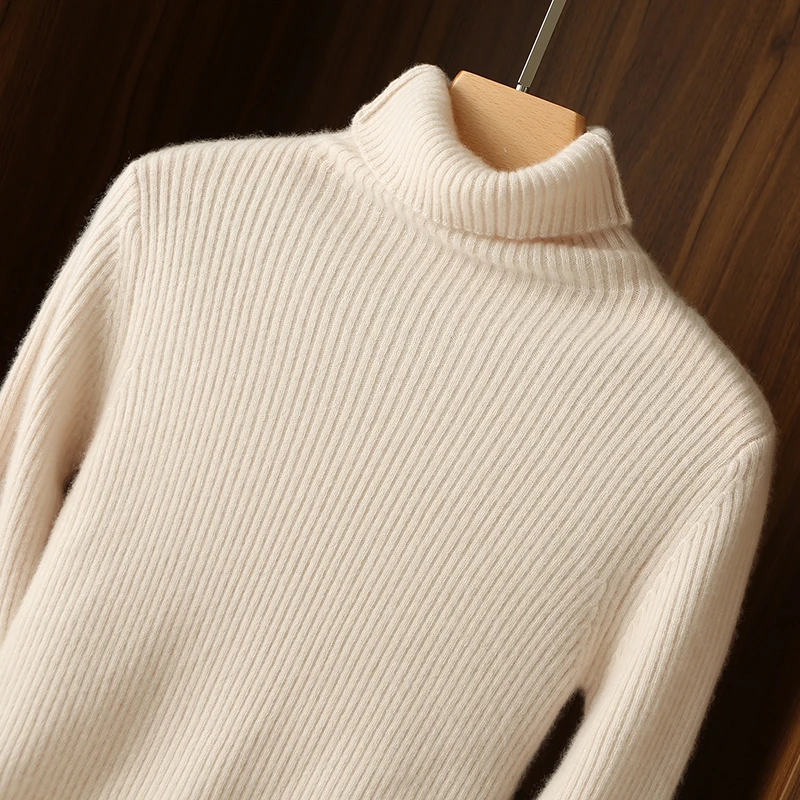 2021 New High Quality 100% Wool Sweater Dress for Women Knee-length Solid Color Turtleneck Pullover Straight Cozy Slim Dresses