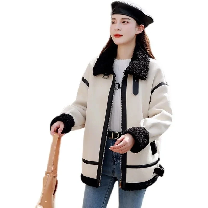 Lamb Wool Coat Women\'s Short Winter 2024 Loose Faux Fur Jacket All-Match Plus Velvet Thick Motorcycle Jacket Ladies Zipper Tops