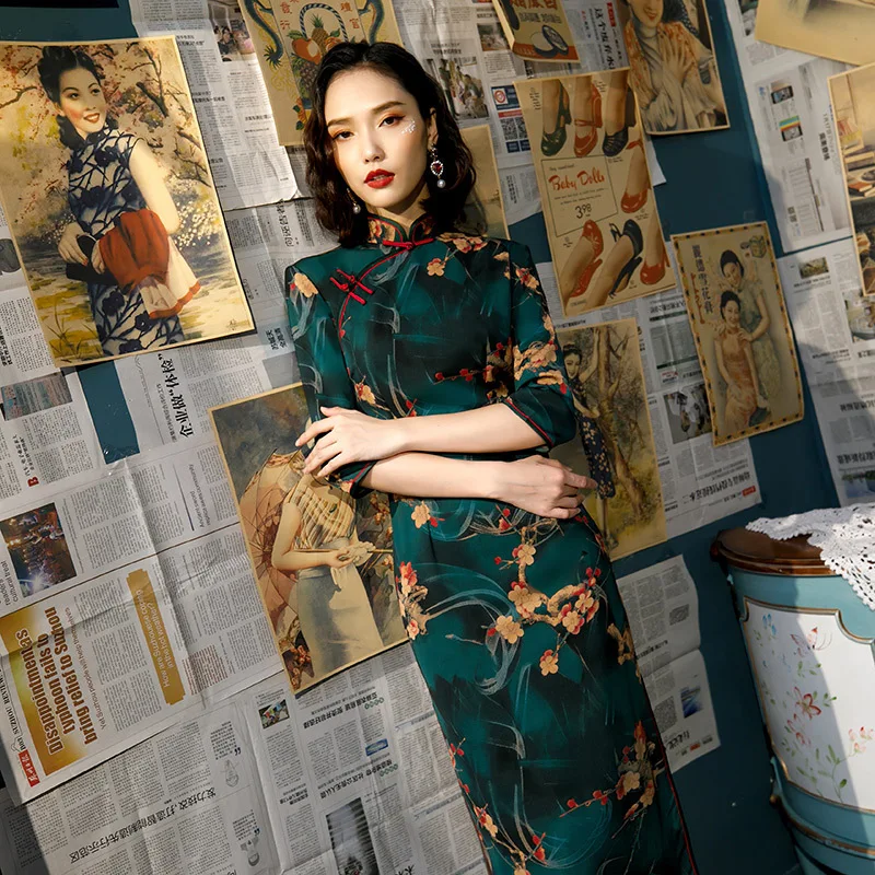 Vestido tradicional chino para mujer, de color verde traje elegante, Cheongsam largo con estampado Qipao, talla 4XL, novedad de primavera