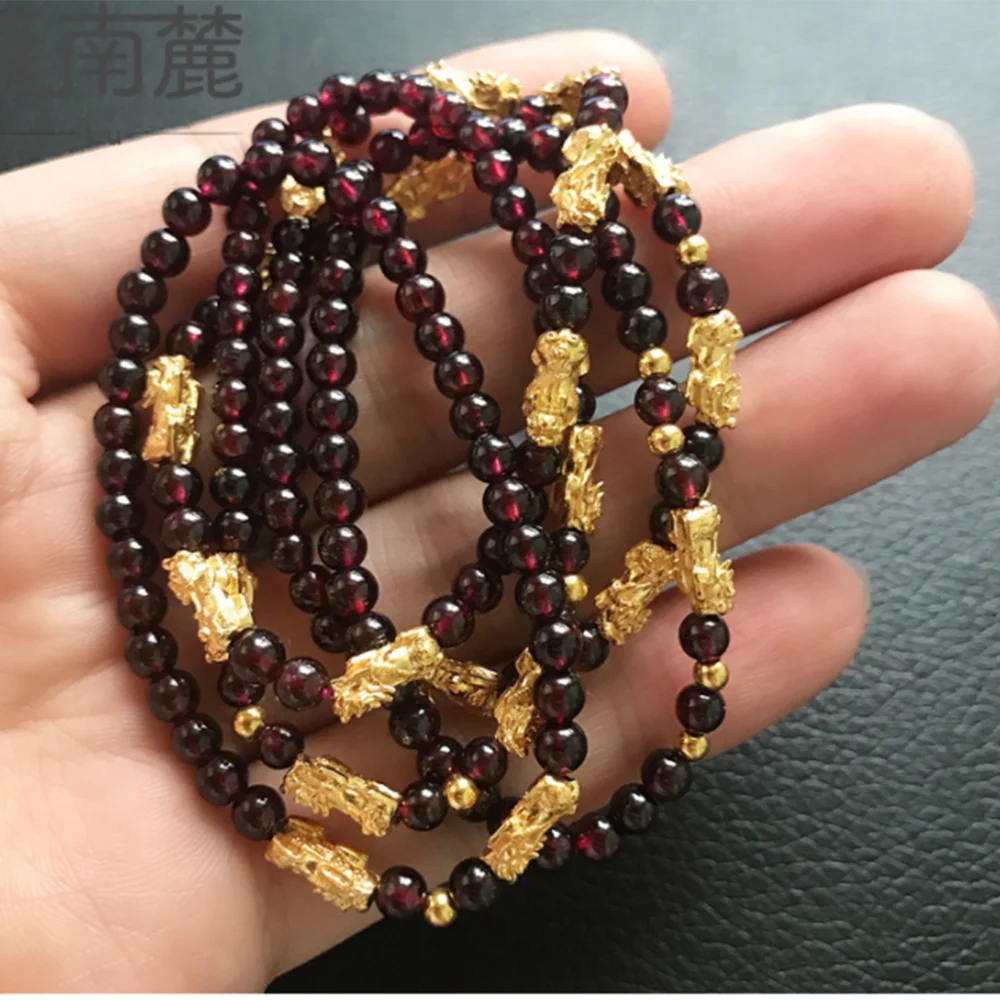 1PCS Real 24K Yellow Gold Bracelet For Women Red Garnet Beads 5mm With 3D Small Pixiu Dragon Bracelet Gift