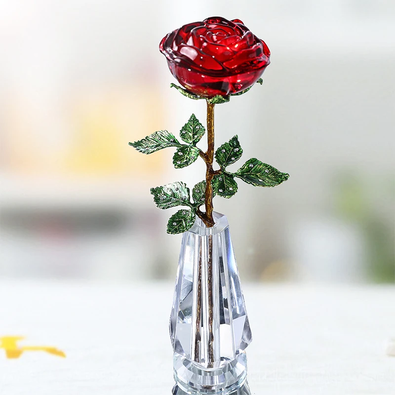Romantic Valentine's Day Gifts Crystal Red Rose Flower Figurine Wedding Anniversary Gifts for Wife Table Home Decoration