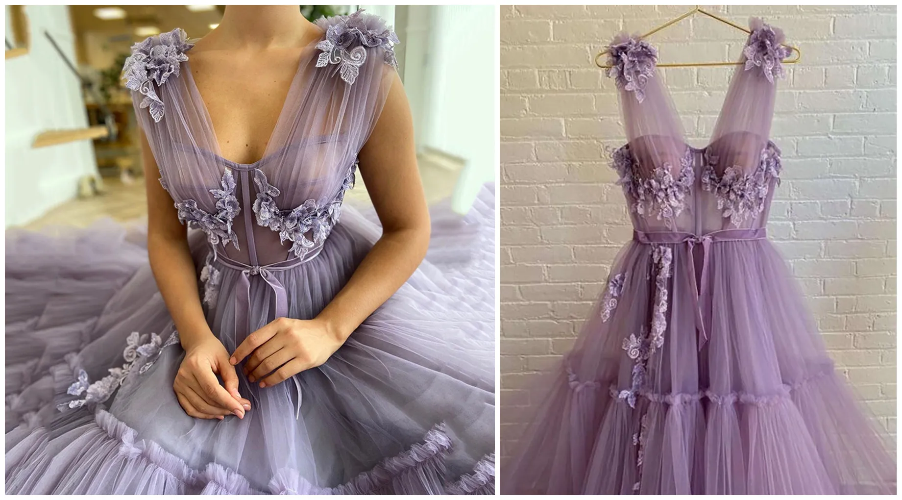 Elegante Prom Jurken Lavendel Tiered Tule Lang Een Lijn Aestido Feminino Festa Ingericht Uitbenen 3D Bloemen Floor Lengte Avond Gow