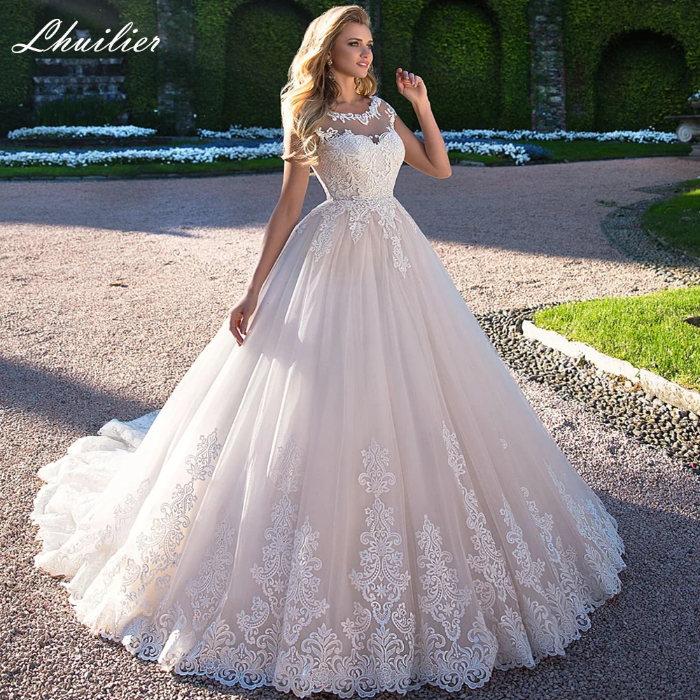 Lhuilier-Robe de mariée en tulle à encolure dégagée, robes de Rhpersonnalisées, longueur au sol, mancherons, appliques en dentelle, patients, quoi que ce soit