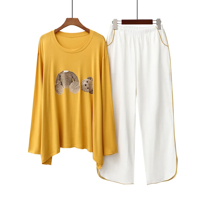 

2pcs Spring And Summer Thin Modal Cotton Pajamas Women's Long Sleeve Korean Cartoon Bear Loose Large Size Women's Home Wear Set
