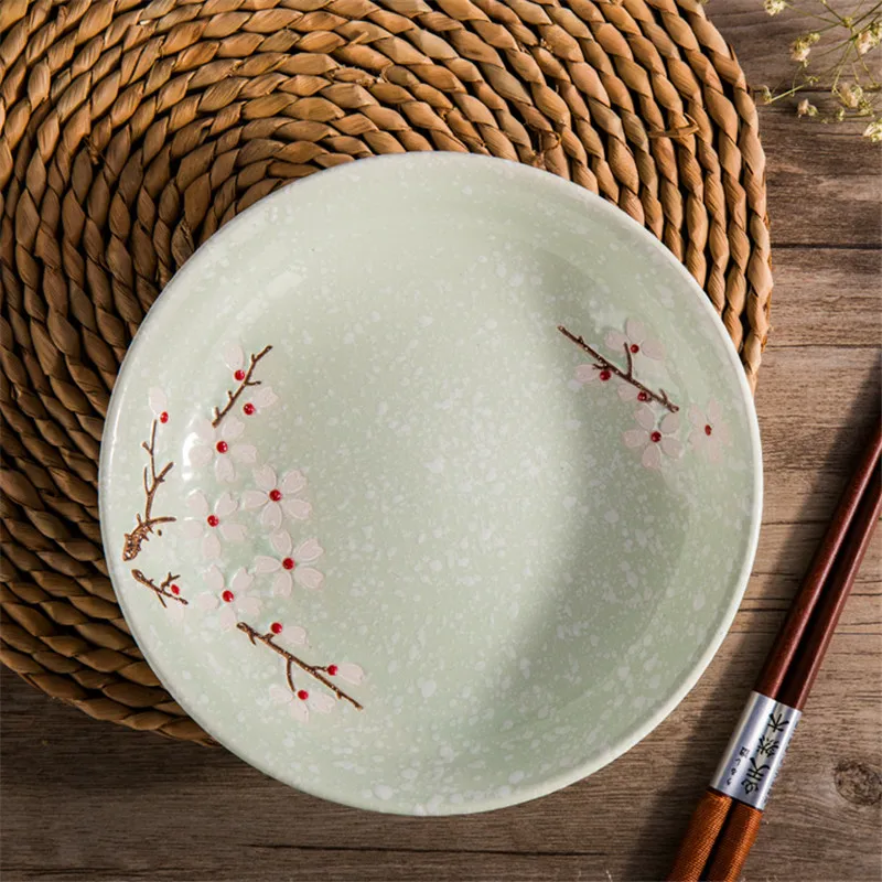 Japanese Ceramic Floral Round Dinner Plate Fruit Dessert Tray Glaze Cherry Blossom Porcelain Dish  Steak Snack Dishes