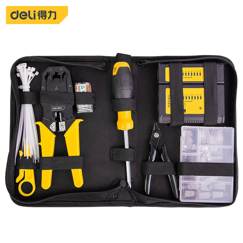 deli RJ45 RJ11 Portable LAN Computer Network Repair Tool Kit Utp Network Cable Tester Plier Screwdriver Crimper Plug Clamp Set