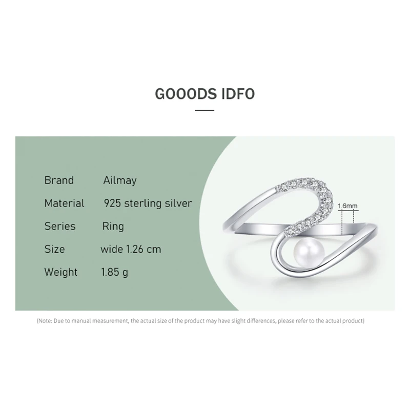 Ailmay Echt 925 Sterling Silber Fashionc Elegante Perle Wellenförmige Form Ringe Für Frauen Mädchen Party Zubehör Schmuck Neue Verkauf 2021