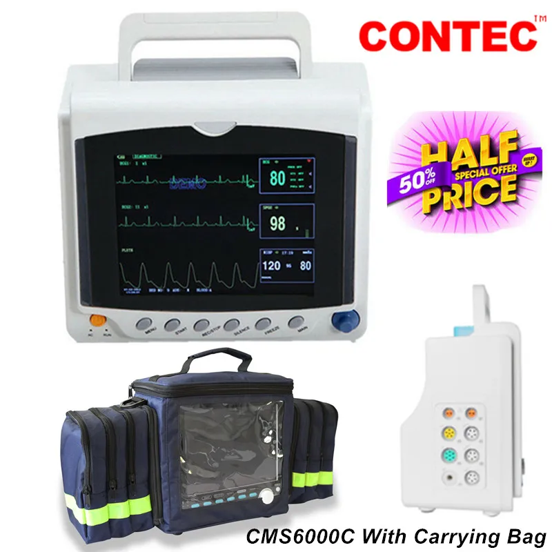 CONTEC  ICU CCU Patient Monitor 8'' Digital ECG NIBP TEMP SPO2 PR CONTEC Vital Signs Machine CMS6000C With Carrying Bag