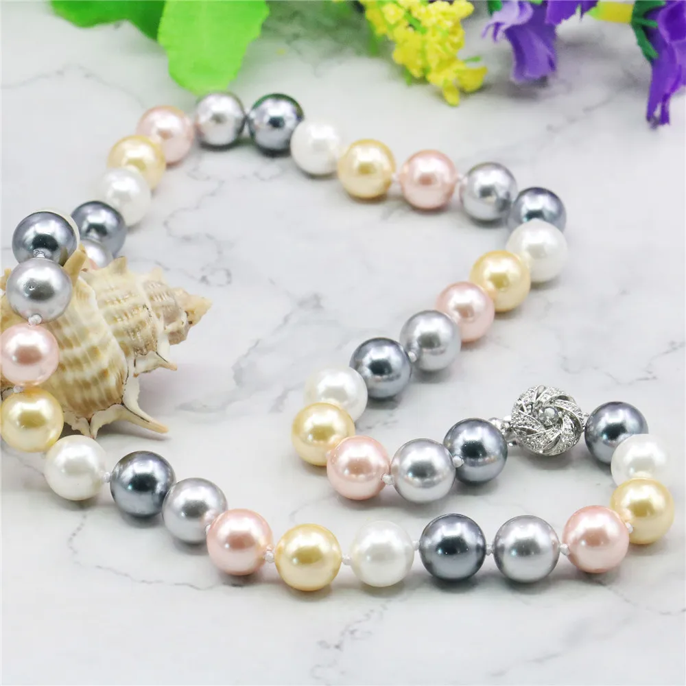 10mm Multicolor South Sea Shell Pearl Necklace Jewelry Making Design Rope Chain Necklace Pearl Beads Natural Stone Flower Clasp