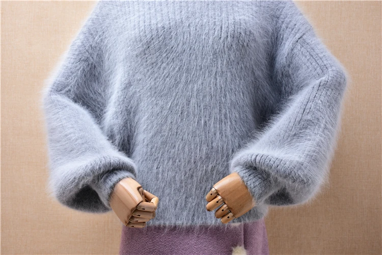 female women winter thick warm hairy angora rabbit fur knitted long lantern sleeves short loose pullover jumper sweater pull top