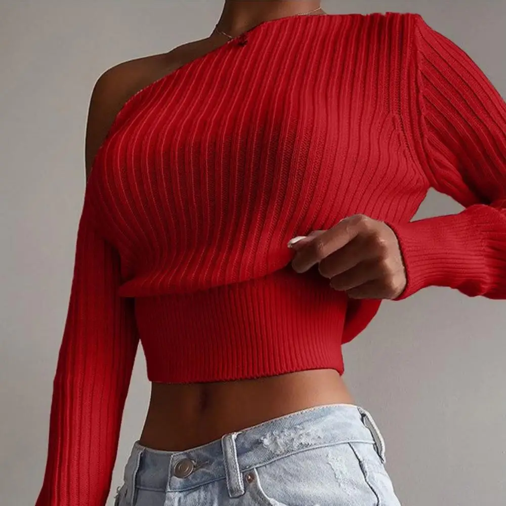 Women Sexy Off Shoulder Sweater Fashion Solid Color Long Sleeve Ribbed Knitted Pullover Winter Jumper Casual Tops Fashion 2021