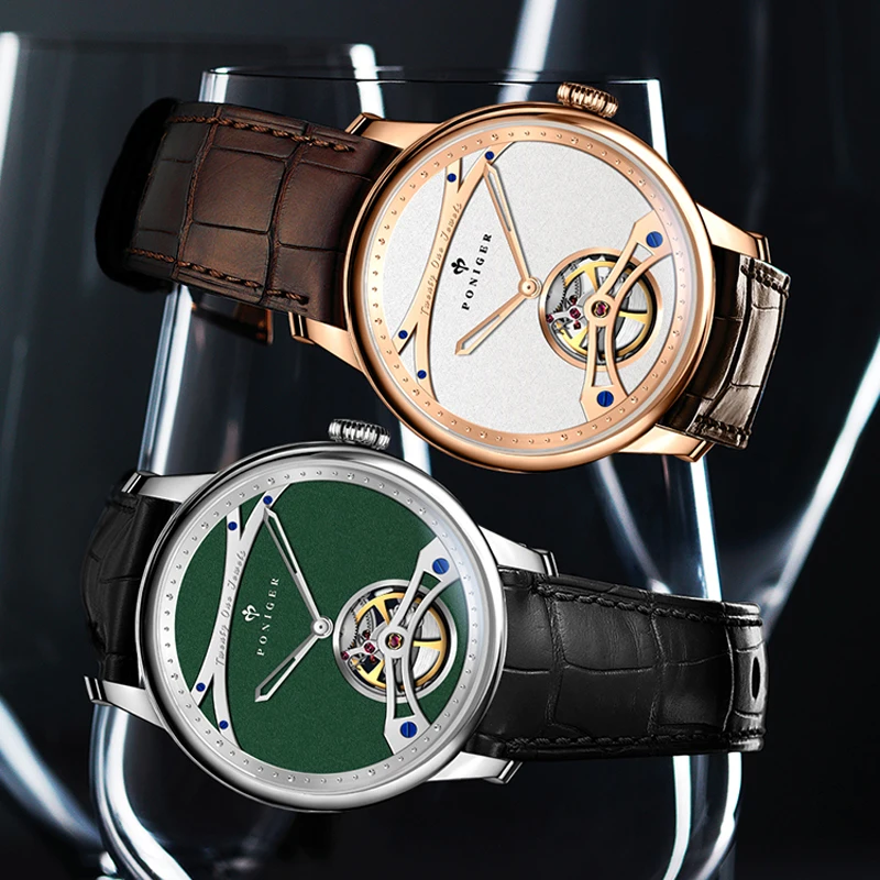 PONIGER 남자 시계 미니멀리스트 중공 해골 고품질 자동 기계식 무브먼트 손목 시계 사파이어 방수 시계