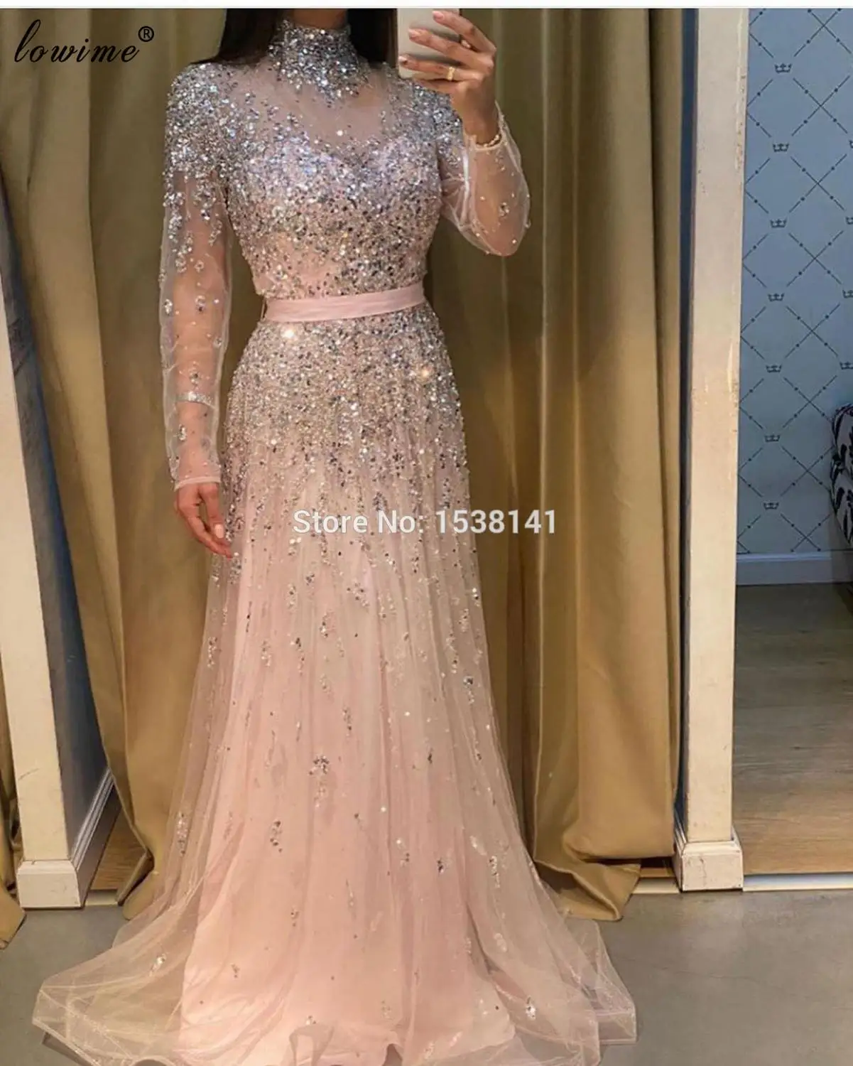 Lindo vestido de festa de casamento com lantejoulas, vestido de baile de mangas compridas com gola alta, vestidos elegantes para noite