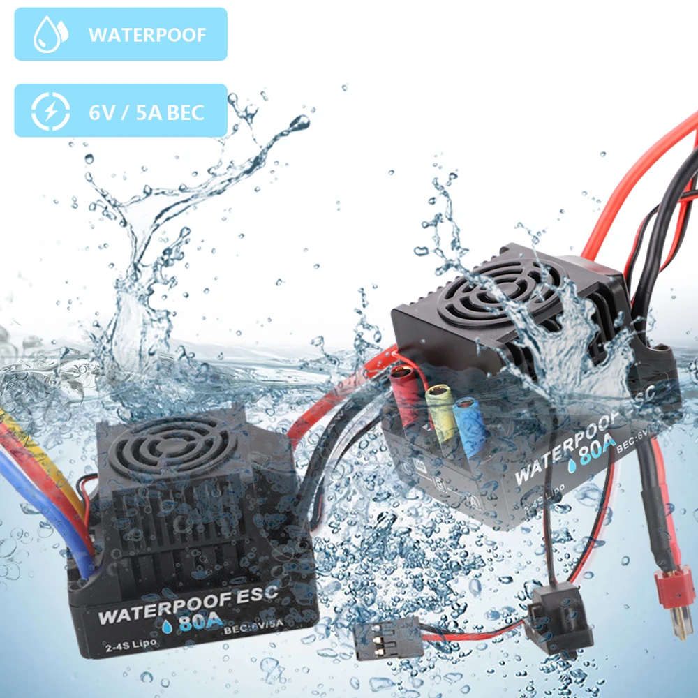 Waterproof 3650 2300KV/3100KV/3900KV4300KV/5200KV 900W 4-Pole Brushless Motor 60A/80A 2S-4S 6V/5A ESC For 1/8 1/10 RC Car Buggy