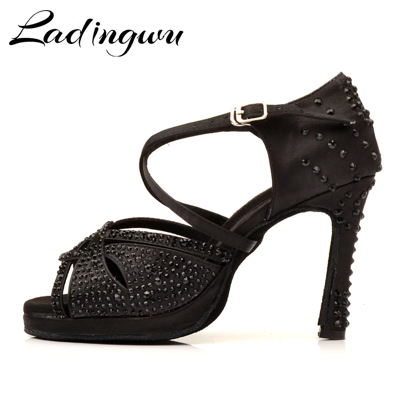 Ladingwu Latin Dance Shoes With Platform Shoes Dance Ballroom Shoes Girls Black Rhinestone 10cm Cuba Heels  Salsa Dance Shoes