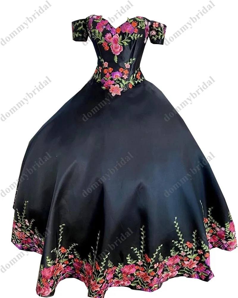 Vestidos de quinceañera mexicana, vestido de bola de flores Floral con hombros descubiertos, falda desmontable para baile de graduación, dulce Vestido de satén de 15 XV, color negro, Sexy, 2023