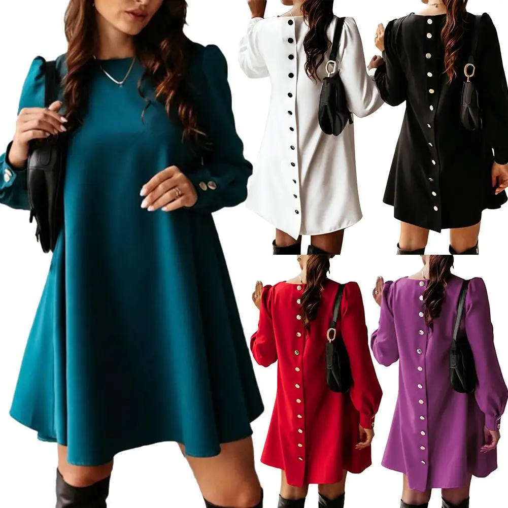 

summer dress robe femme Dress Women Mini Dress Loose Fit Cuff Women Casual Solid Long Sleeve Back vestidos elegantes para mujer