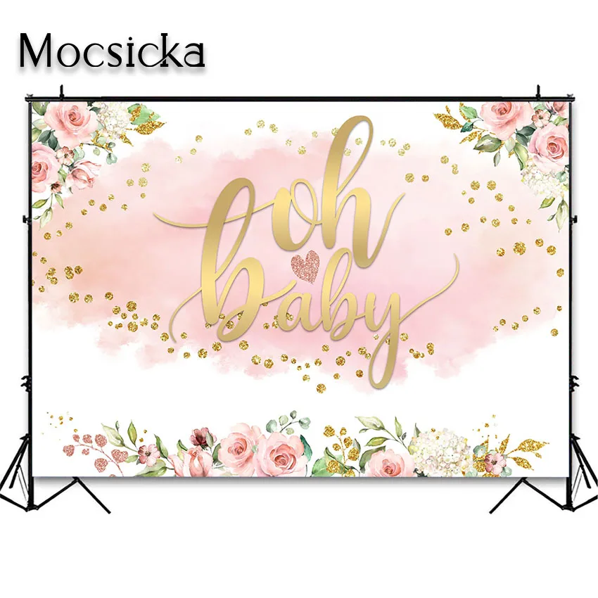 Moclicka Blush Pink Floral Oh latar belakang bayi Blush Rose Gold Girl Baby Shower pesta dekorasi latar belakang foto untuk pemotretan