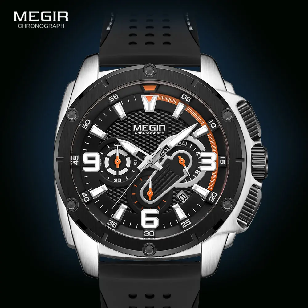 MEGIR Men\'s Chronograph Quartz Watches 2020 Luxury Top Brand Military Sport Wristwatch Silicone Strap Waterproof Watches Men