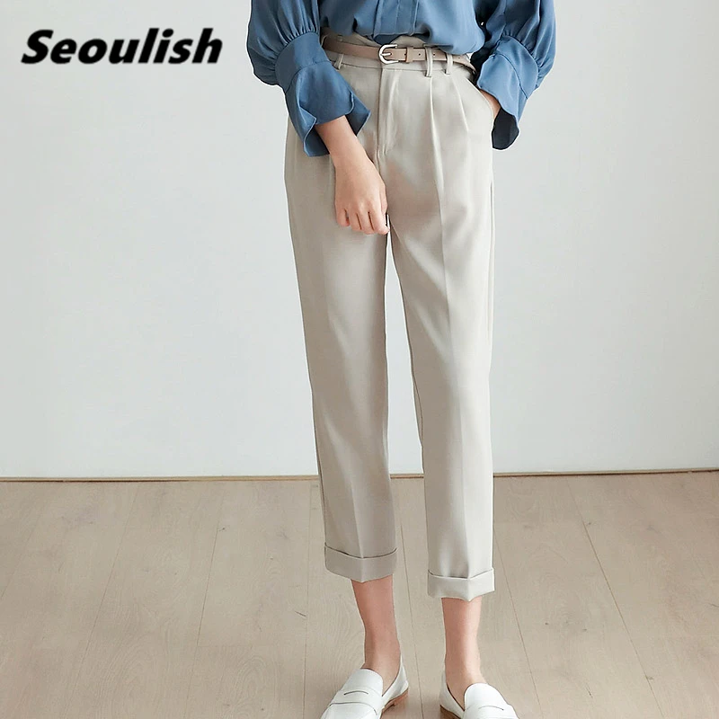 

Women's Formal Straight Pants with Belt High Waist Elegant Office Lady Ankle-Length Casual Loose Pants Pockets 2021 Korean Style