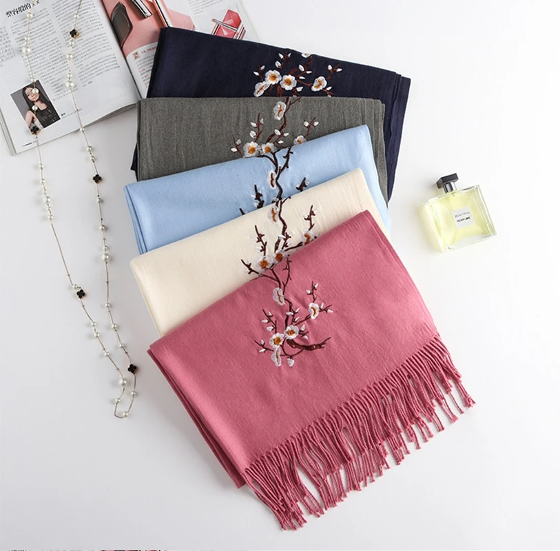 

Autumn winter new plum blossom embroidery imitation cashmere scarf women marriage wild long embroidered shawl dual-use blanket