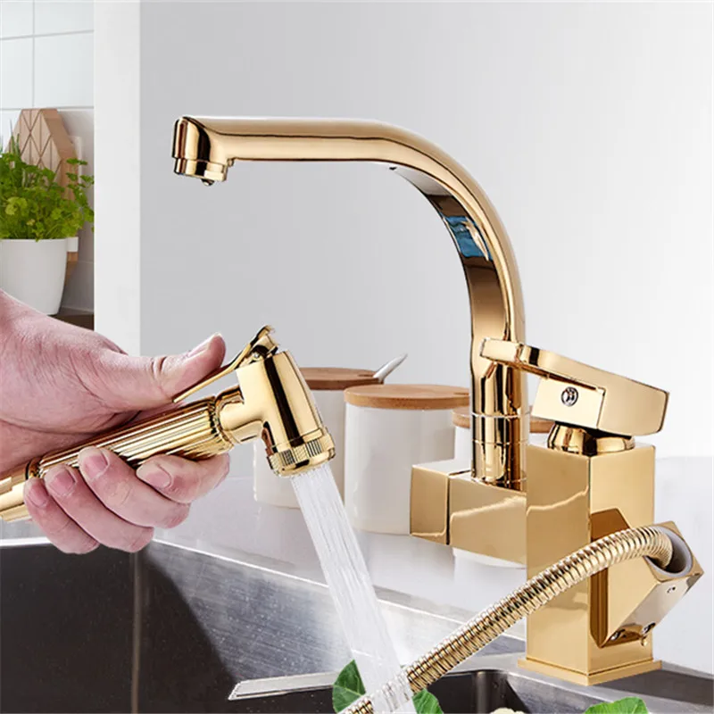 Kitchen Sink Faucet Solid Brass Mixer Tap Single Handle Hot & Cold Sink Crane Tap 360 Degree Rotation Pull Out Basin Faucet Gold