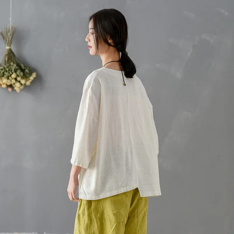 Shanghai Story Women Cotton Linen Casual Loose Shirt Solid 3/4 Sleeve Blouse Tops with Pocket 2 Color