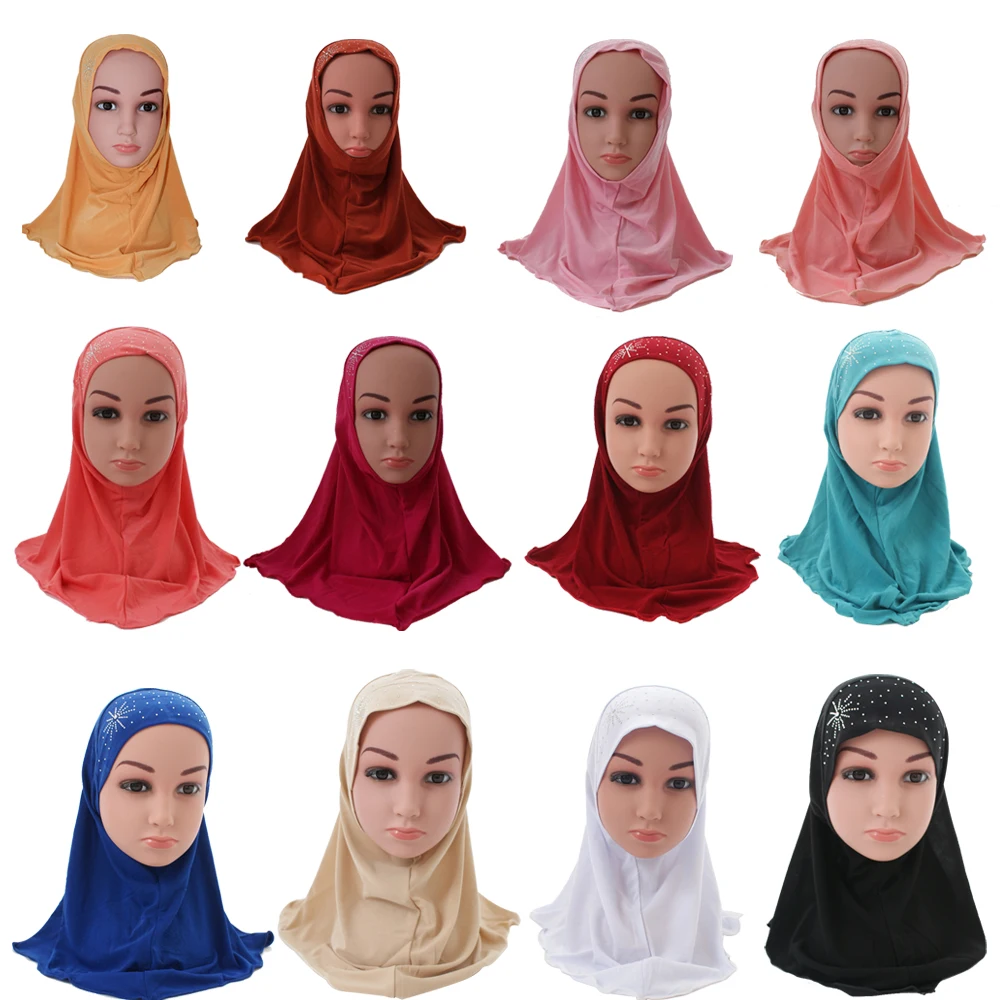 Children Kids Girls Islamic Muslim Scarf School Rhinestone Headwear Arab Turban Headwrap Underscarf Ramadan Middle East 2-6Y