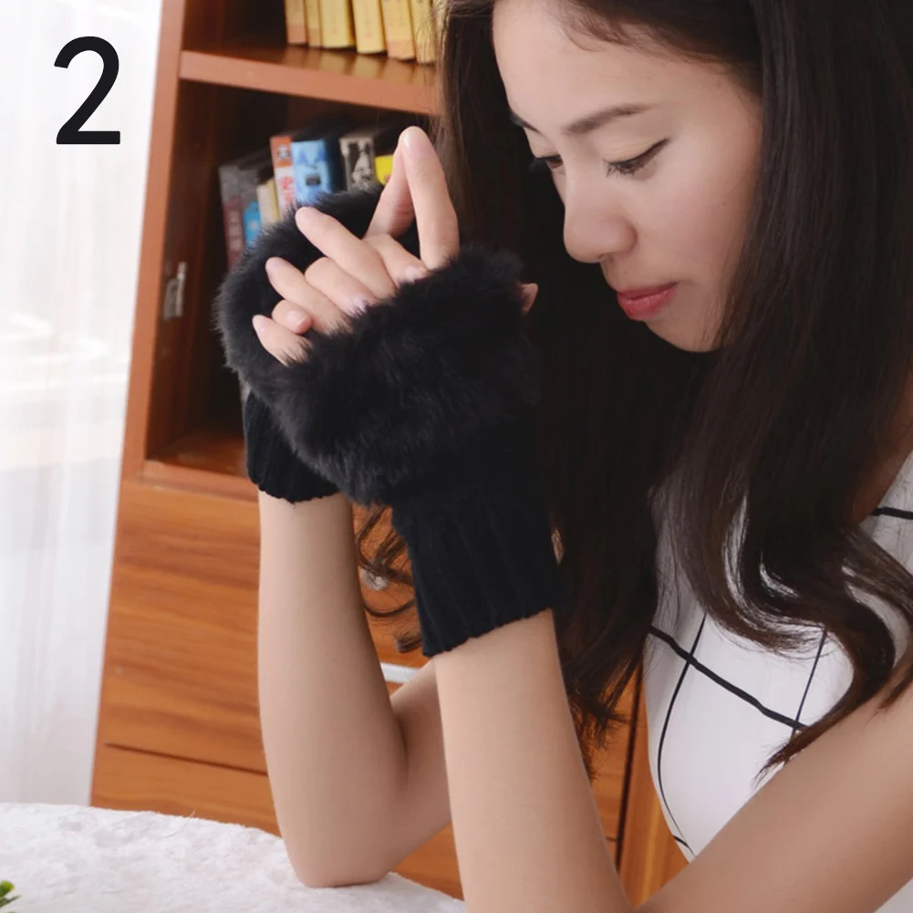 New Winter Solid Color Faux Rabbit Fur Mitten Arm Warmers Sleeve Cover Fingerless Wrist Gloves Knitted Fashion Soft Women Gloves