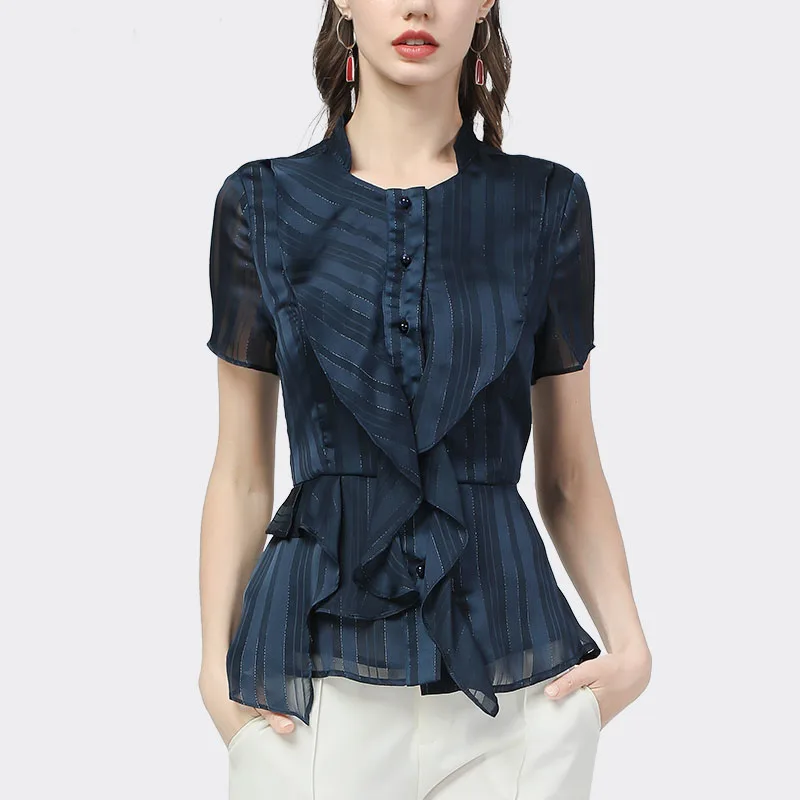 Luxury Bling Chiffon Striped Blouse Women Short Sleeve Square Neck New Summer Tops Ruffles Defined Waist Slim Button-Down Shirts