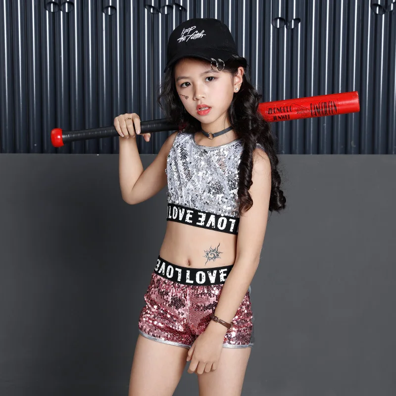 Kids Sequin Hip Hop Costumes Clothes for Girls Jazz Dance Costume Ballroom Dancing Jacket Crop Tops Shirt Shorts Streetwear