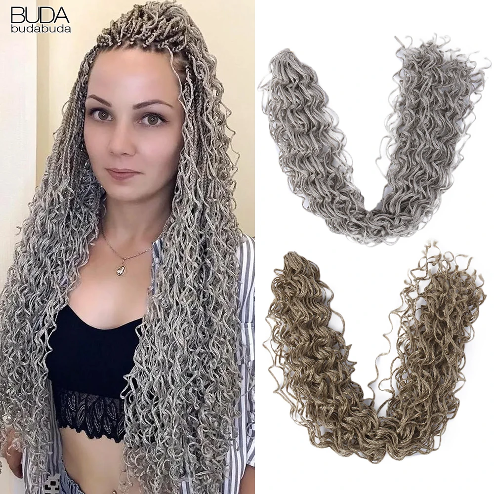 Extensões sintéticas do cabelo das tranças do zizi para mulheres, cabelo encaracolado longo, tranças da caixa do crochê, marrom, cinza, amarelo, 20"