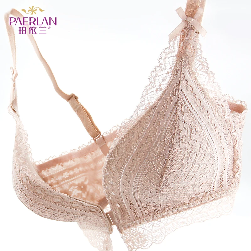 PAERLAN Front Closure Push Up Small Breast Bra Wire Free Sexy Lace Floral 3/4 Cup Underwear Women