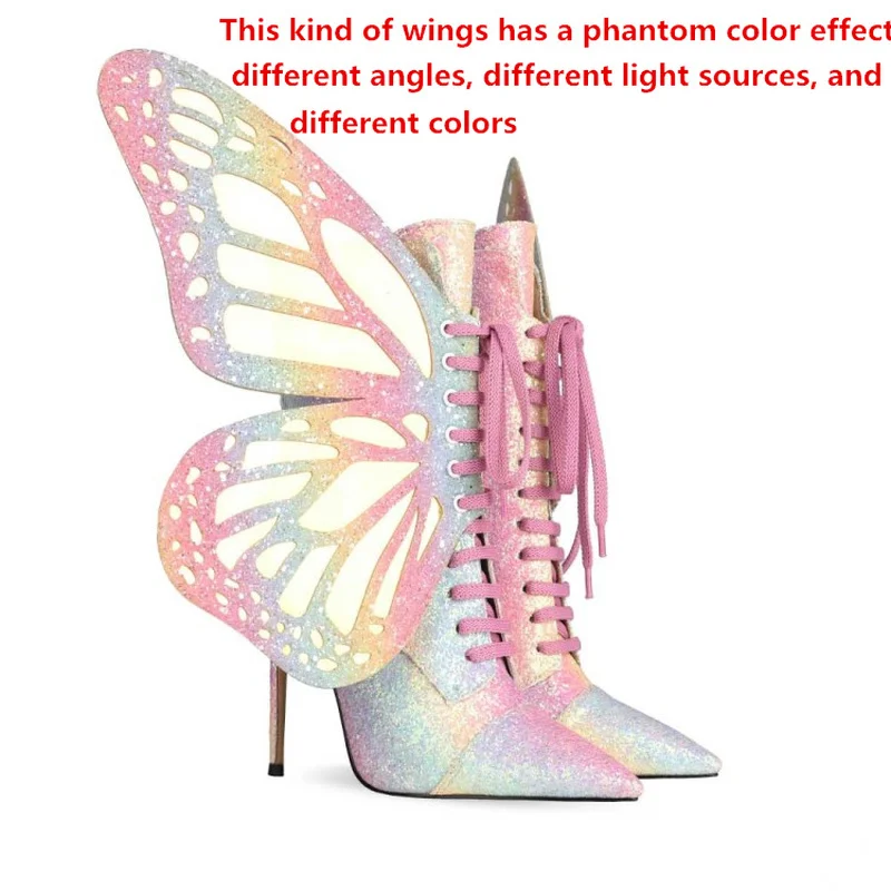 Butterfly High-Heeled Ankle Boots for Women, Pointed Toe Shoes, Lace-up Ankle Boots, Plus Size, European and American