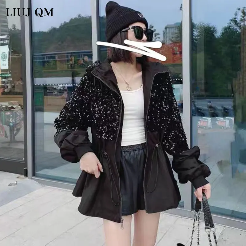 European Winter Jacket New Plus Cotton Thick Hooded Sequined Short Trench Coat Fashion Wind Drawstring Waist Slim Parkas Jacket