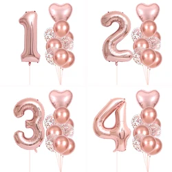 Feliz aniversário balões, rosa cor do ouro, 1, 2, 3, 4, 5 ° aniversário, acessórios do casamento, decorações do chuveiro do bebê, 10pcs