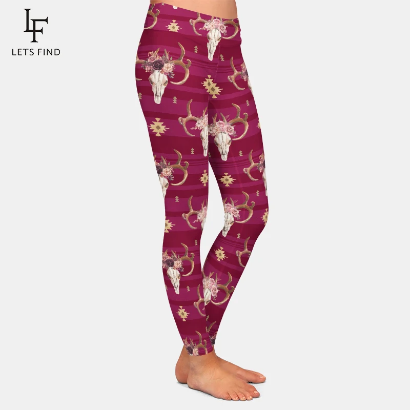 Letsfind 3D Aquarel Boho Stijl Herten Schedel Met Gewei En Bloemenprint Broek Hoge Taille Fitness Elastische Leggings