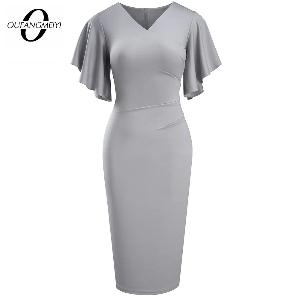 

Summer Women Elegant Solid Color with Ruffle Sleeve Formal Business Vintage Bodycon Slim Dress EB631