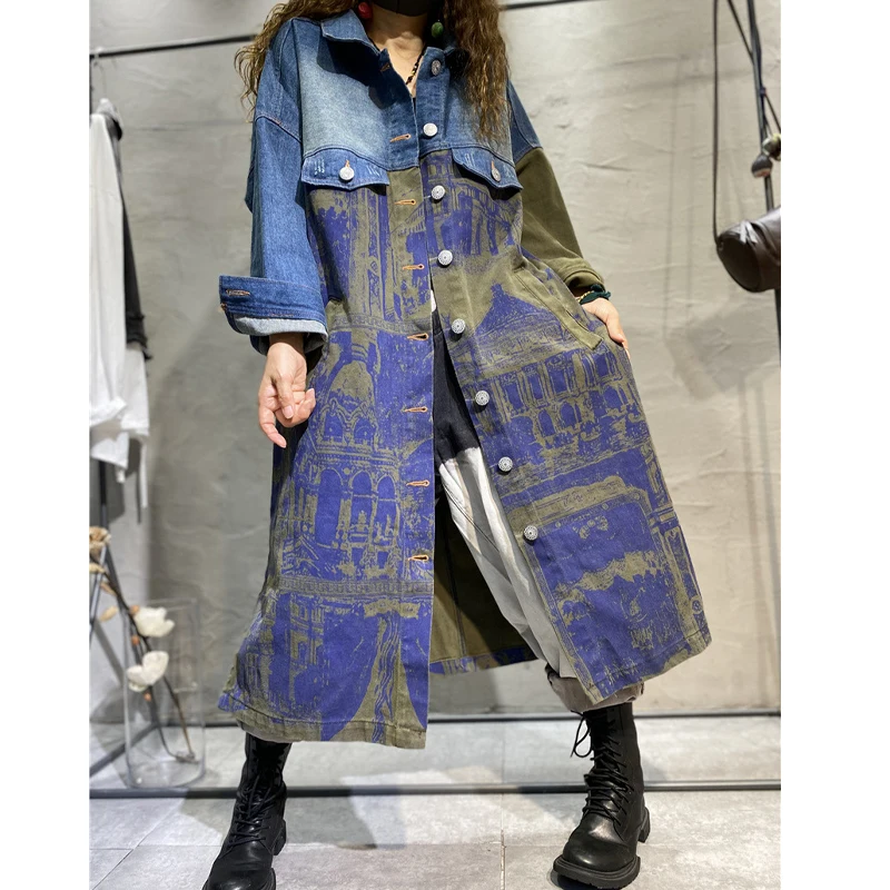 Max LuLu British New 2021 Denim Printed Trench Women Buttons Loose Long Clothing Laides Harajuku Contrast Color Windbreakers