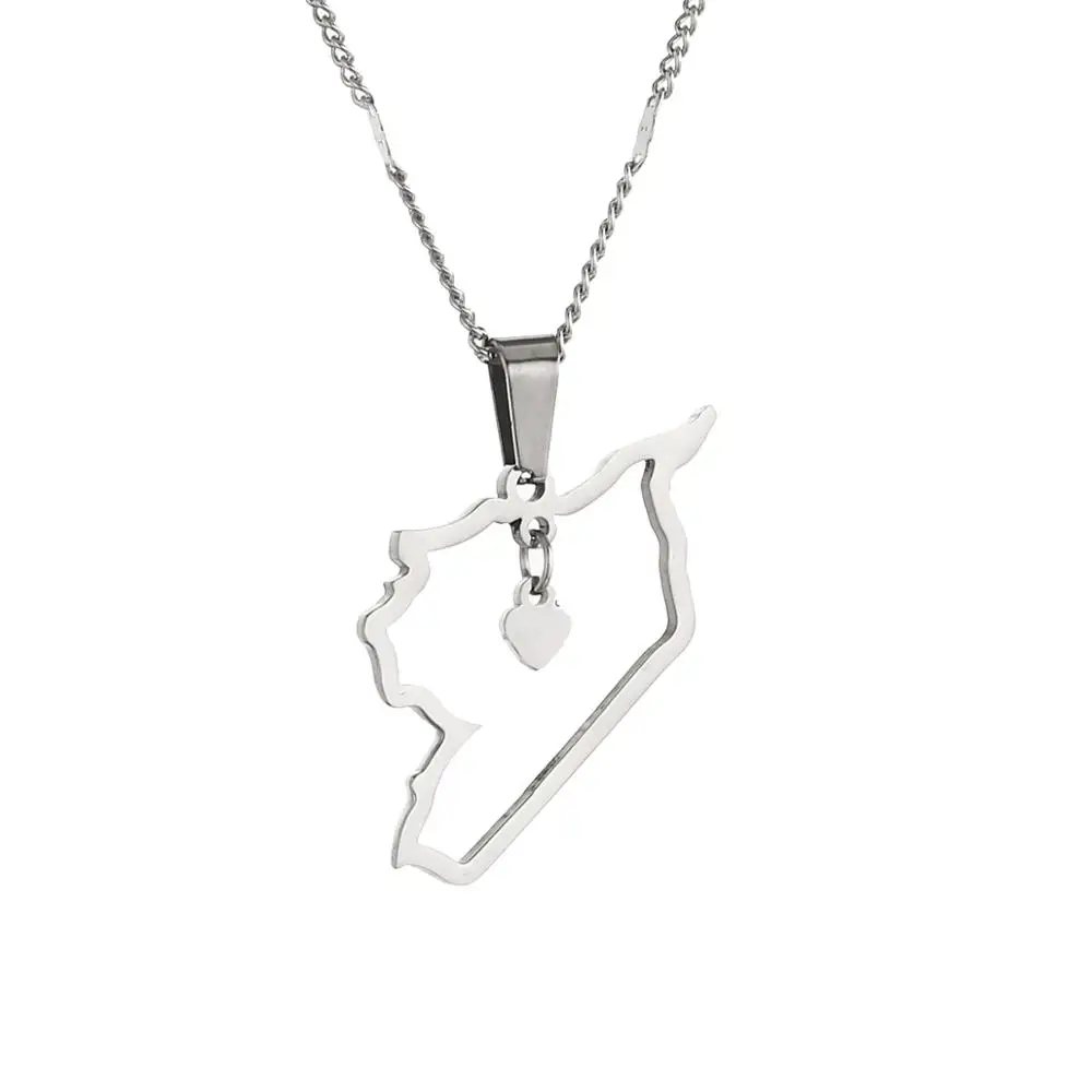 Stainless Steel Syria Map Pendant Necklaces Outline Pendant Necklace Syrians Map Heart Jewelry