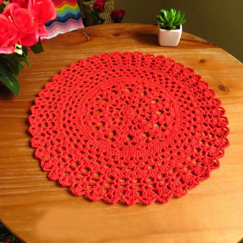 About 35CM Round Luxury Red Pink Cotton Crochet Flowers Lace Table Cloth Dining Coffee Tea Cup Mat Wedding Table Placemats