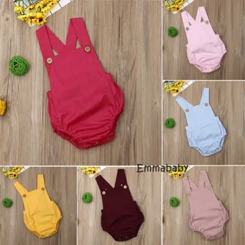 Newborn Infant Baby Boy Girl Playsuit Summer Button Jumpsuit Striped Casual Sleeveless Backless Solid Outfits Clothes