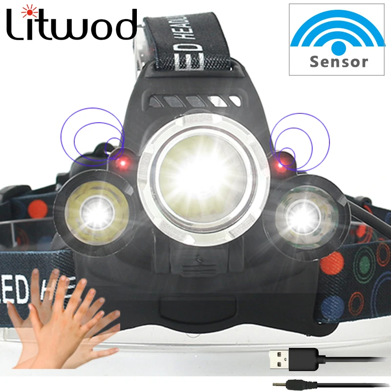 Powerful 3 led headlamp with sensor head flashlight Torch T6 fixed focus waterproof with rechargeable 18650 battery headlight