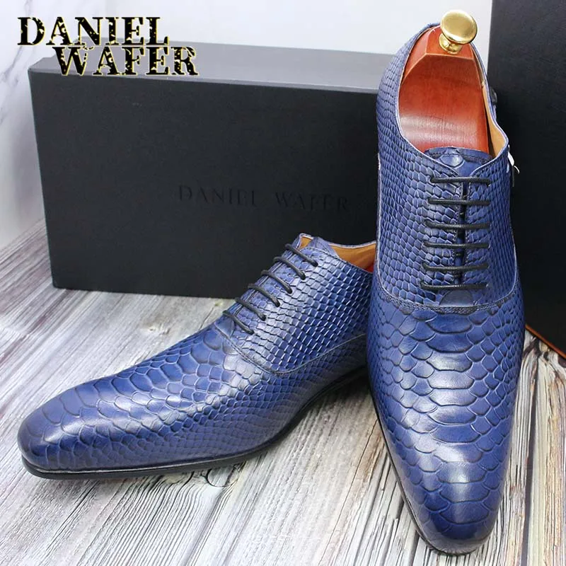 Modische Herren-Lederschuhe mit Schlangenhaut-Aufdruck, klassische Schnürung, Oxford, formell in Wein, Blau, Kaffee, Schwarz – spitze Zehenpartie – Detail 29