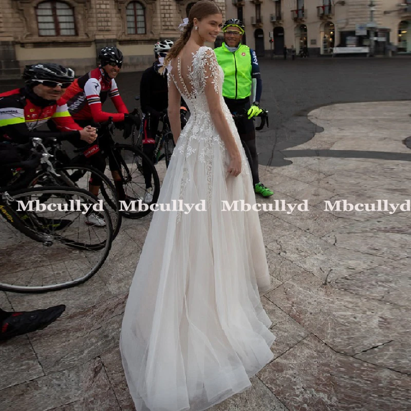 Mbcullyd-Vestido De Novia De corte en A, manga larga De tul, Apliques De encaje, ilusión en la espalda con botones, 2023