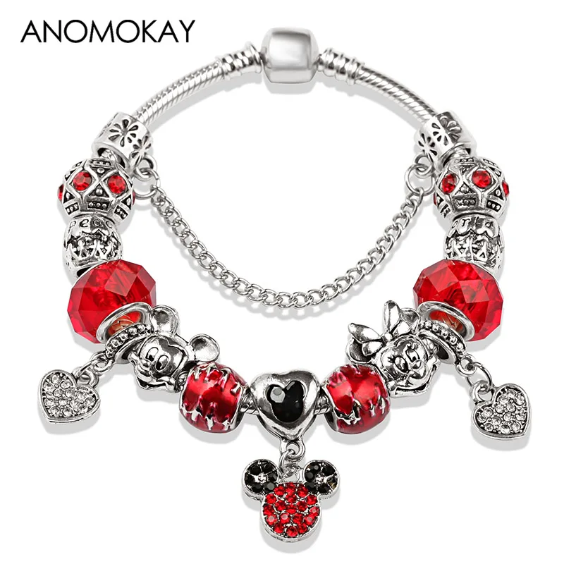 Dropshipping HOT Red Crystal Mickey Minnie Beads Bracelet & Bangle Silver Plated Family Charm Bracelet Fashion Diy Jewelry Gift