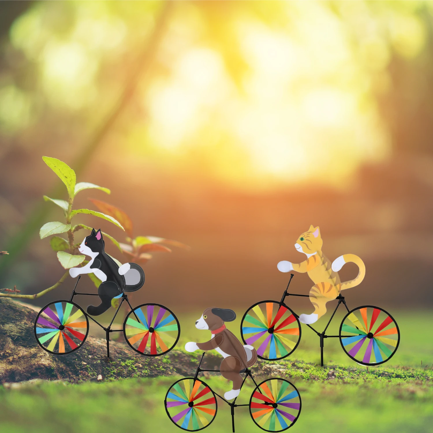 Rainbow Spinner Windmill Cat Dog Tiger On Bike DIY Bicycle Wind Spinner Whirligig Garden Lawn Decorative Gadgets Kids Toys