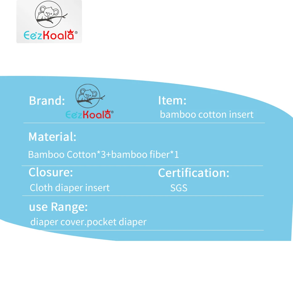 EezKoala  Cloth Diaper Insert 4 layers Bamboo Cotton Baby washable Nappy for Cloth Diaper Cover. Reusable Pocket Diaper