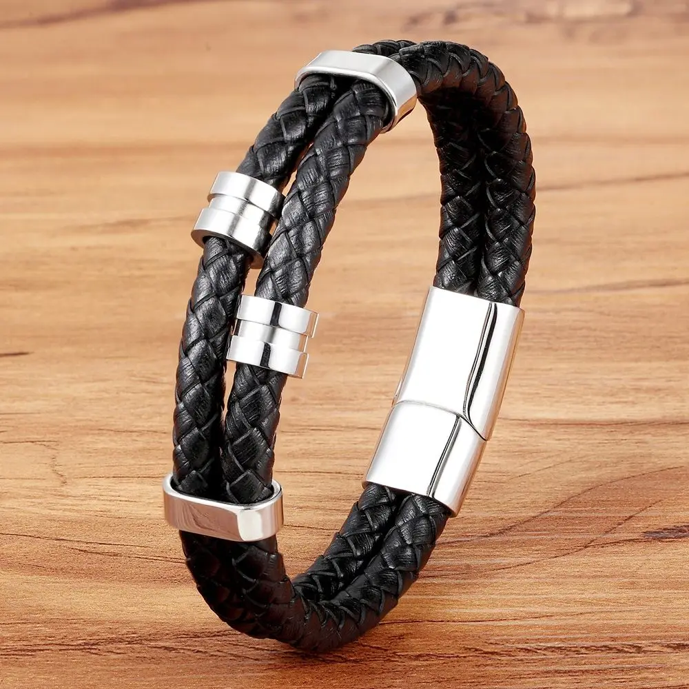 TYO 15 Style Choose Genuine Leather Cool Black Creative Design Stainless Steel Magnetic Buckle Charm Men Bracelet Wholesale