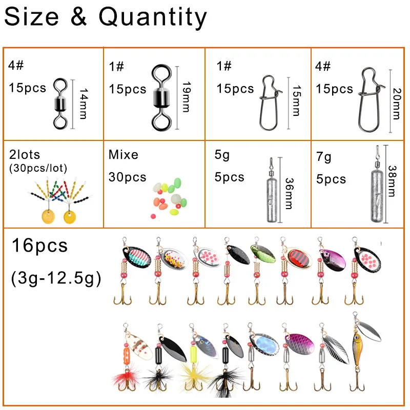 118Pcs/box Fishing tackle box with Metal Spoon fishing lures 3g-12.5g fishing connector Drop shot sinker for Pike fishing lure